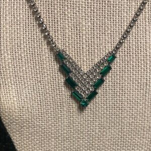 Vintage Rhinestone Silver and Green Necklace